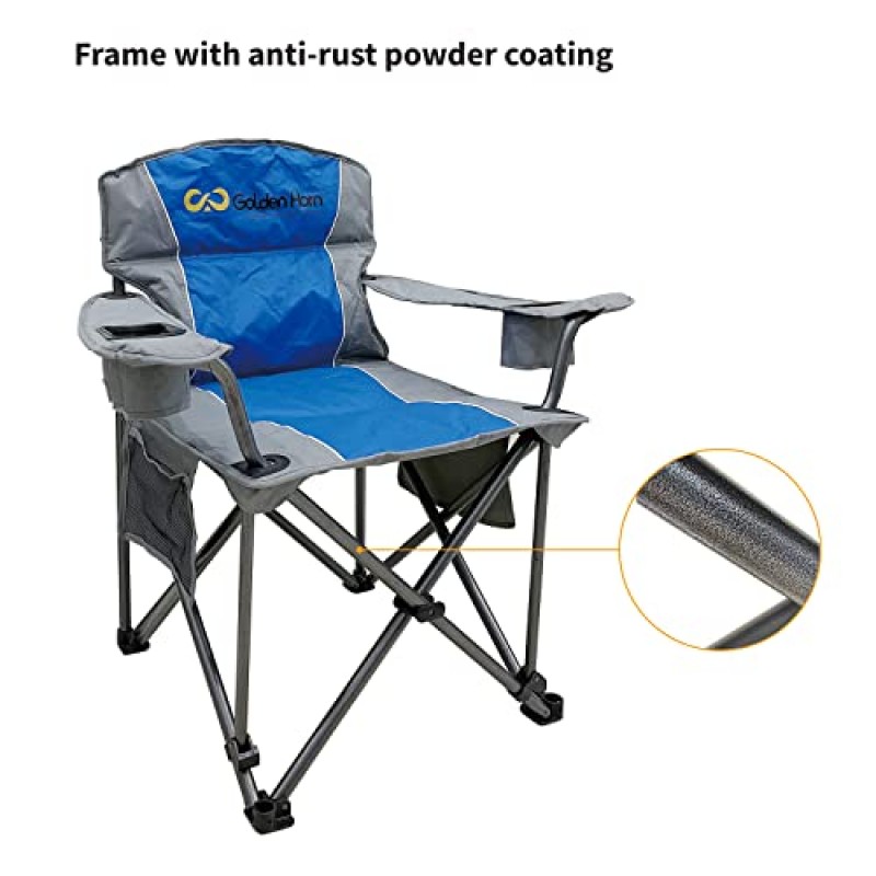 야외 대형 캠핑 접이식 의자 헤비 듀티 지원 500 LBS 대형 강철 프레임 컵 홀더가 있는 접이식 패딩 팔 의자 쿼드 요추 뒤, 블루 골든 혼