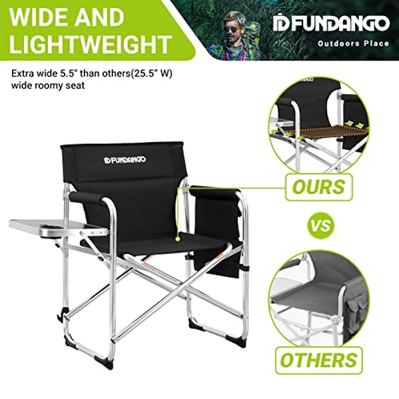 FUNDANGO 휴대용 경량 접이식 캠핑 디렉터 의자(사이드 테이블 포함) 대형 캠프 의자 알루미늄 접이식 의자 피크닉, 스포츠, 바베큐, 낚시, 헤비 듀티 최대 300lbs용 야외 의자