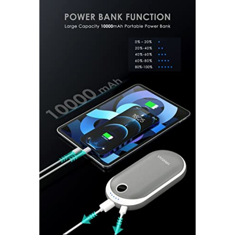 손난로 충전식, 10000mAh 전기 손난로 보조베터리, 최대 15시간 예열 시간 양면 가열 USB 급속 충전, 야외 스포츠, 사냥, 캠핑, 하이킹, 골프, 따뜻한 선물용 휴대용 포켓 손난로