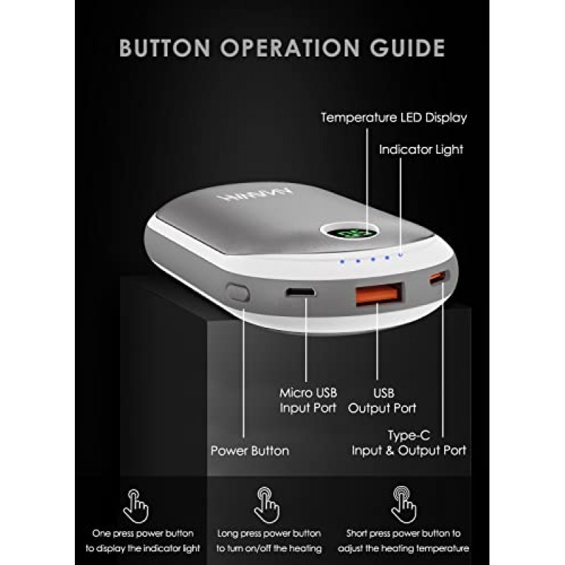 손난로 충전식, 10000mAh 전기 손난로 보조베터리, 최대 15시간 예열 시간 양면 가열 USB 급속 충전, 야외 스포츠, 사냥, 캠핑, 하이킹, 골프, 따뜻한 선물용 휴대용 포켓 손난로