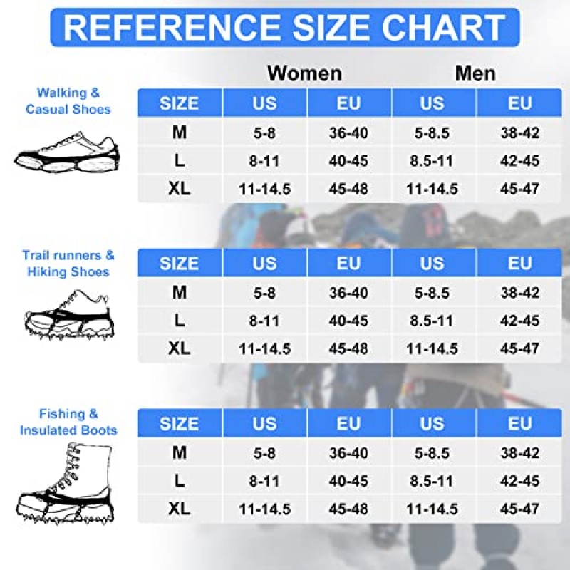 아이스 스노우 그립, 19개의 스테인레스 스틸 스파이크가 있는 견인 클리트 남성용 및 여성용 슬립, 하이킹용 신발 및 부츠용 아이스 클리트 워킹 캠핑 조깅 얼음 낚시