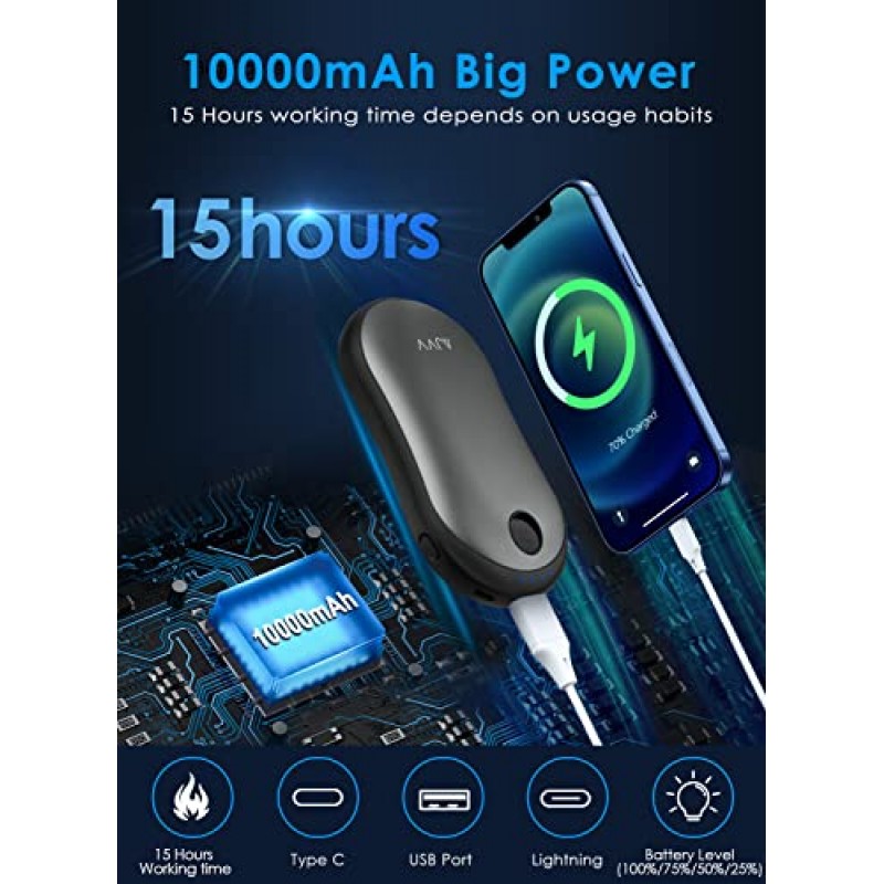 손난로 충전식, 10000mAh 전기 손난로 보조베터리, 3단계 양면 난방, 15시간 열 야외, 캠핑, 하이킹, 스키, 가정용 휴대용 히터 선물