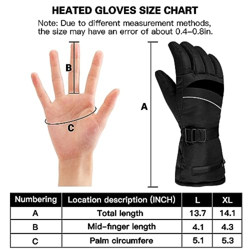 가열 장갑, 남성 여성을 위한 겨울 전기 따뜻한 장갑, 모든 종류의 야외 활동/하이킹/낚시/스키/캠핑을 위한 자동 온도 조절 장치 및 터치 스크린 및 방수, 블랙 L/XL