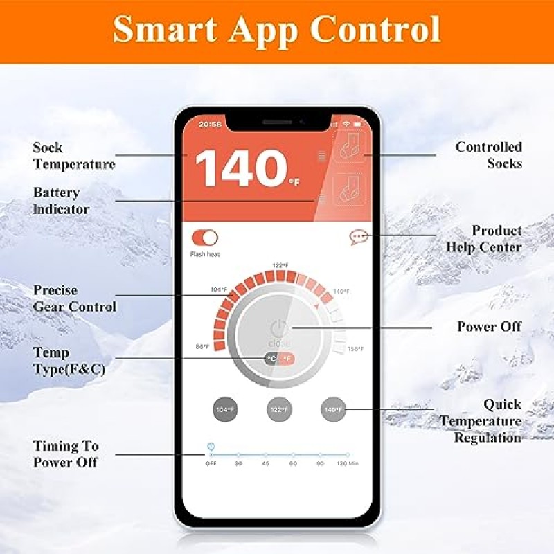 남성 여성용 가열 양말, 5000mAh 충전식 난방 양말, 사냥 스키 캠핑을위한 APP 제어 전기 열 양말
