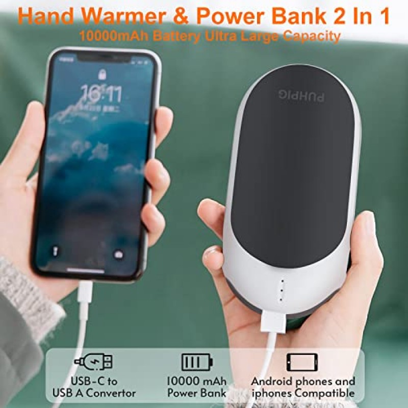 핸드 워머, 휴대용 포켓 핫 핸드 워머 10000 mAh USB 보조베터리, 양면 급속 가열 미니 히터 야외 사냥 캠핑 추운 겨울 남성과 여성을 위한 훌륭한 선물 (블랙)
