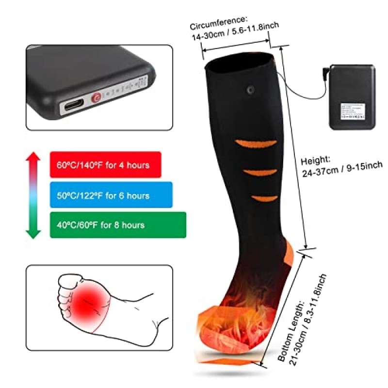 가열 양말, 남성 여성용 전기 가열 양말, 5000mAh 충전식 배터리 단열 양말 최대 12시간, 겨울용 세탁 가능 보온 양말 야외 캠핑 스키 낚시 라이딩용 발 따뜻하게