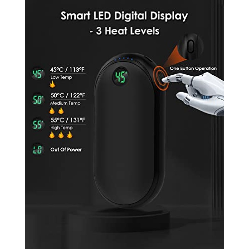 손난로 충전식, 10000mAh 15시간 긴 따뜻함 손난로, 전기 재사용이 가능한 휴대용 포켓 손난로/전원 은행, 2S 양면 급속 가열 및 3단계 열 - 따뜻한 선물