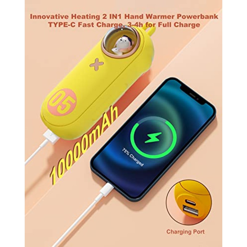 휴대용 손난로 보조베터리 충전식 10000mAh 손 데우기 6 열 레벨 양면 난방, 야외 사냥 캠핑을 위한 귀여운 포켓 USB 핸드워머