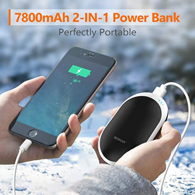 BESKAR 충전식 손난로, 7800mAh 전기 손난로, 12시간 지속되는 난방, 빠른 충전 및 3단계, 야외, 캠핑, 골프, 레이노용 휴대용 포켓 손난로 및 보조베터리