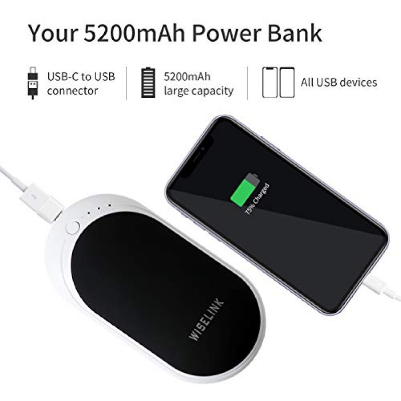 Wiselink 충전식 손난로, 5200mAh 전기 손난로 재사용 가능, 휴대용 USB 보조베터리, 사냥, 골프, 캠핑, 스키, 여성, 남성을 위한 겨울 선물용 양면 빠른 가열 핸드워머