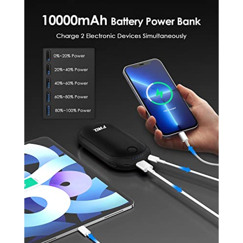 손난로, FXQ 10000mAh 충전식 15시간 오래 지속되는 손난로, 2S 양면 급속 가열, 3단계 가열 수준, 스마트 LED 디지털 디스플레이 및 배터리 표시기를 갖춘 2 in 1 전기 재사용 가능 휴대용 포켓 히터 보조베터리