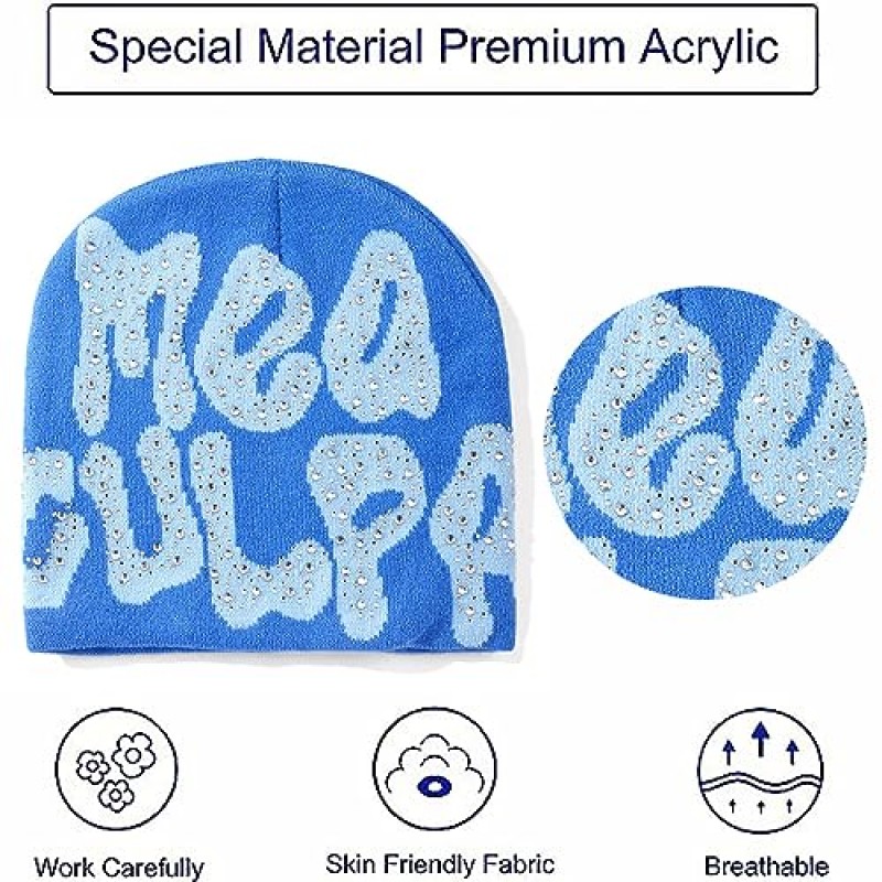 Jashlife MEA Culpa Beanies 모자 여성용 라인 석 포함 남성용, y2k Beanies 모자 힙합 소프트 스트레치 따뜻한 니트 Slouchy Cap