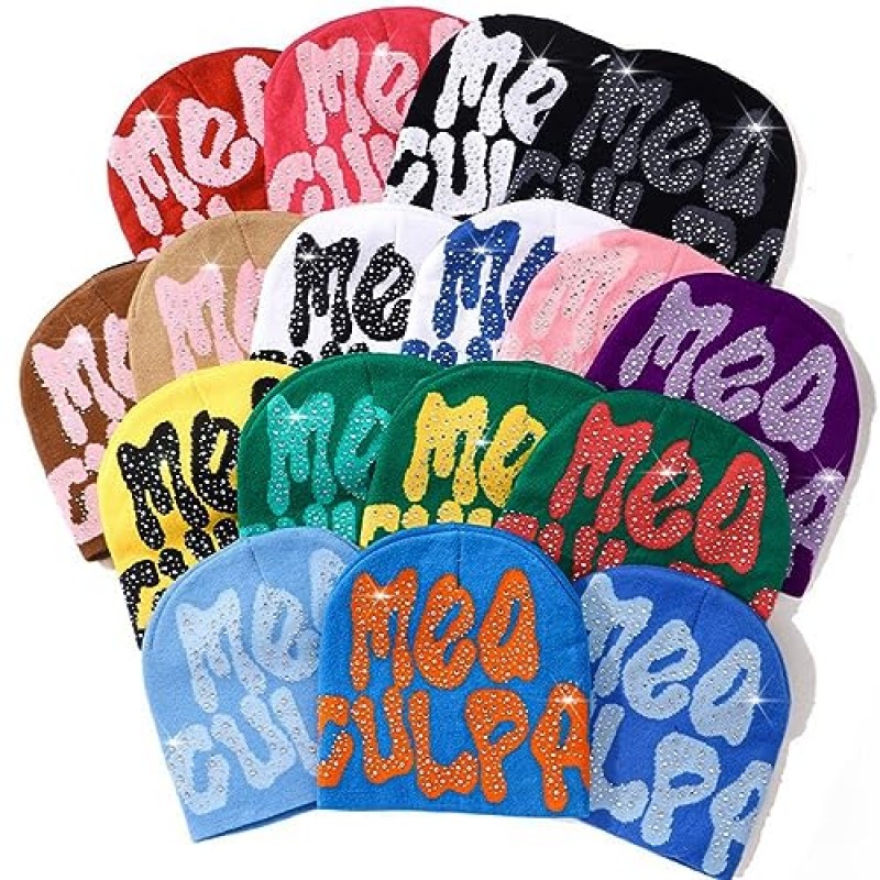 Jashlife MEA Culpa Beanies 모자 여성용 라인 석 포함 남성용, y2k Beanies 모자 힙합 소프트 스트레치 따뜻한 니트 Slouchy Cap