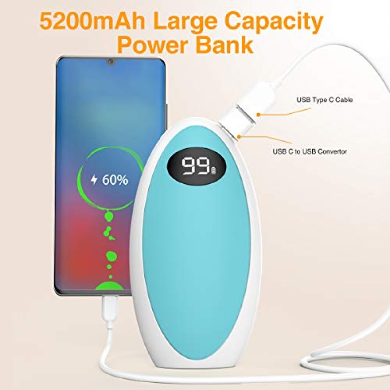 infray 손난로 충전식, USB-C 5200mAh 재사용 가능한 포켓 워머/전원 은행, 전기 휴대용 손난로 양면 빠른 가열 핸드 히터, 여성 남성을 위한 이상적인 겨울 선물