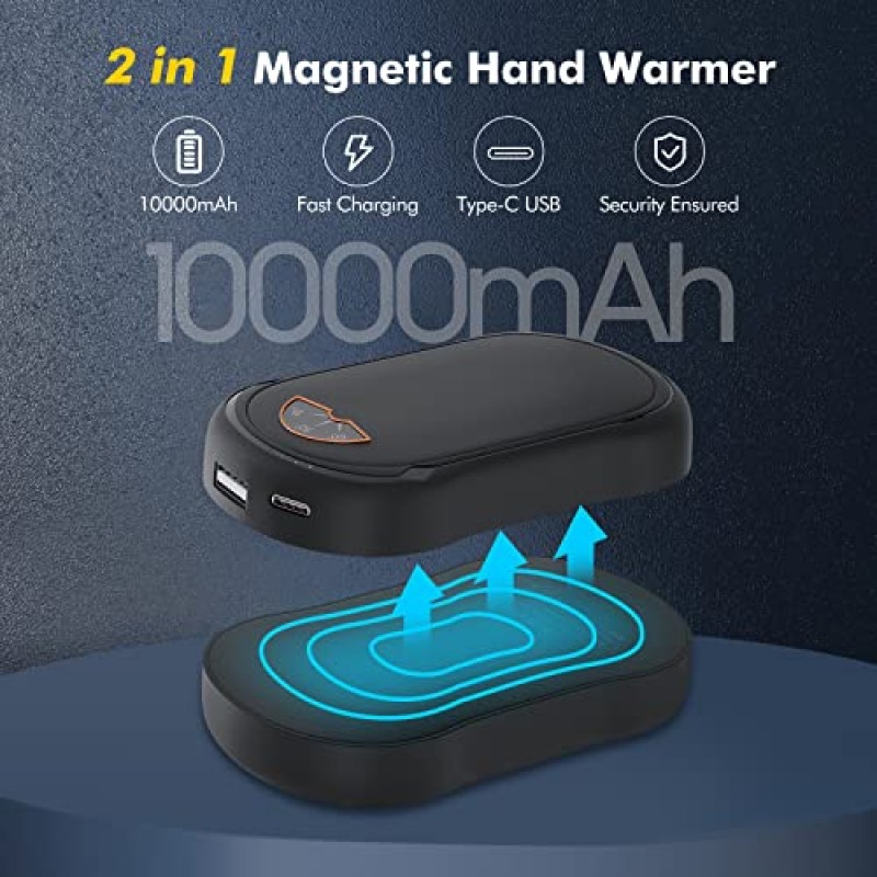 손난로 충전식 2팩, xiskt 10000mAh 전기 손난로, 2 in 1 휴대용 포켓 히터 및 보조베터리, 야외 캠핑, 사냥, 골프를 위한 3단계 오래 지속되는 재사용 가능한 손난로