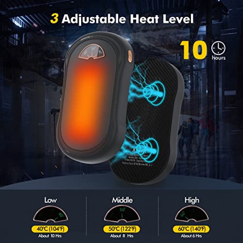 손난로 충전식 2팩, xiskt 10000mAh 전기 손난로, 2 in 1 휴대용 포켓 히터 및 보조베터리, 야외 캠핑, 사냥, 골프를 위한 3단계 오래 지속되는 재사용 가능한 손난로