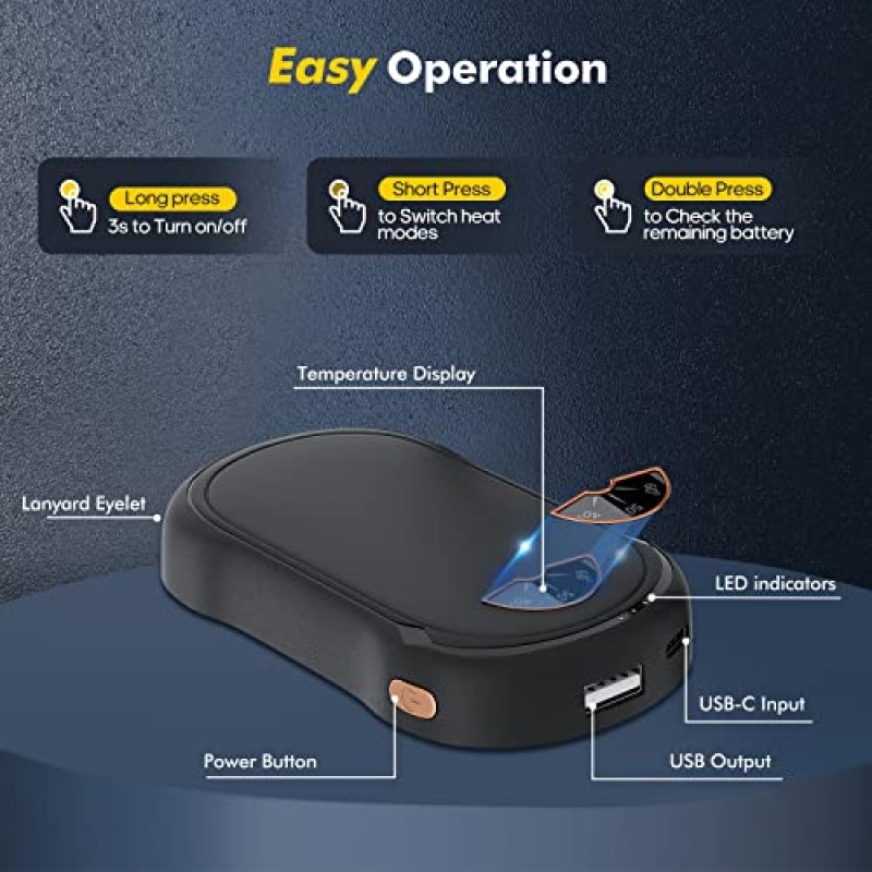 손난로 충전식 2팩, xiskt 10000mAh 전기 손난로, 2 in 1 휴대용 포켓 히터 및 보조베터리, 야외 캠핑, 사냥, 골프를 위한 3단계 오래 지속되는 재사용 가능한 손난로