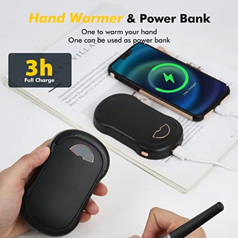 손난로 충전식 2팩, xiskt 10000mAh 전기 손난로, 2 in 1 휴대용 포켓 히터 및 보조베터리, 야외 캠핑, 사냥, 골프를 위한 3단계 오래 지속되는 재사용 가능한 손난로