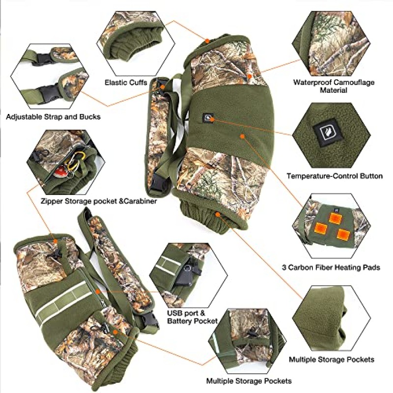 DUKUSEEK 사냥을 위한 가열식 핸드 머프, 겨울 야외 사냥 캠핑 골프 사진을 위한 충전식 10000MAH 배터리가 있는 전기 손 따뜻하게 사냥 주머니 남여