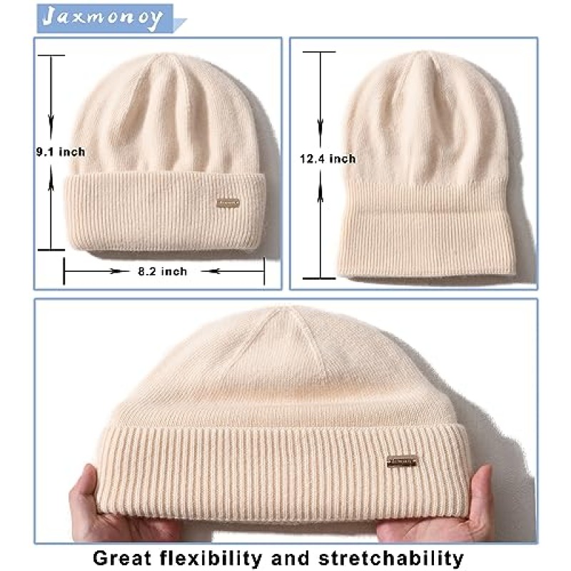 Jaxmonoy 양모 니트 Beanies 여성과 남성을위한 겨울 모자 소프트 캐시미어 따뜻한 더블 레이어 숙녀 해골 비니 모자