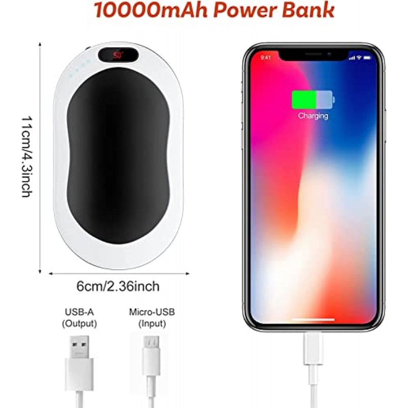 충전식 손난로, 10000mAh 전기 손난로 및 4-in-1 다기능, 360° 양면 난방 및 USB 급속 충전, 캠핑, 야외 스포츠, 사냥, 하이킹, 여성, 남성을 위한 따뜻한 선물에 적합