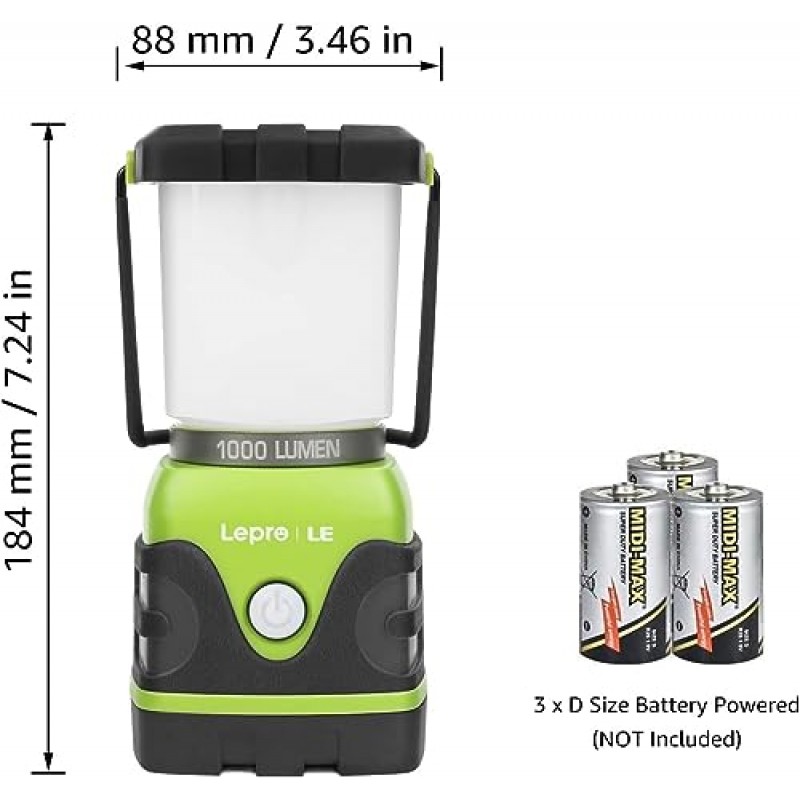 LE 1000LM 배터리 구동 LED 캠핑 랜턴, 4가지 조명 모드를 갖춘 방수 텐트 라이트, 캠핑 필수품, 캠핑, 허리케인, 비상, 하이킹, 정전을 위한 휴대용 랜턴 손전등