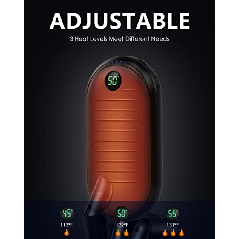 손난로, 충전식 10000mAh 전기 재사용 가능 손난로, 휴대용 포켓 2-in-1 손난로/15시간 지속 가열 기능, 3가지 열 수준 및 LED 디지털 디스플레이
