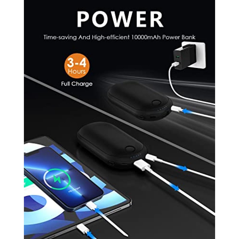 손난로, 충전식 10000mAh 전기 재사용 가능 손난로, 휴대용 포켓 2-in-1 손난로/15시간 지속 가열 기능, 3가지 열 수준 및 LED 디지털 디스플레이