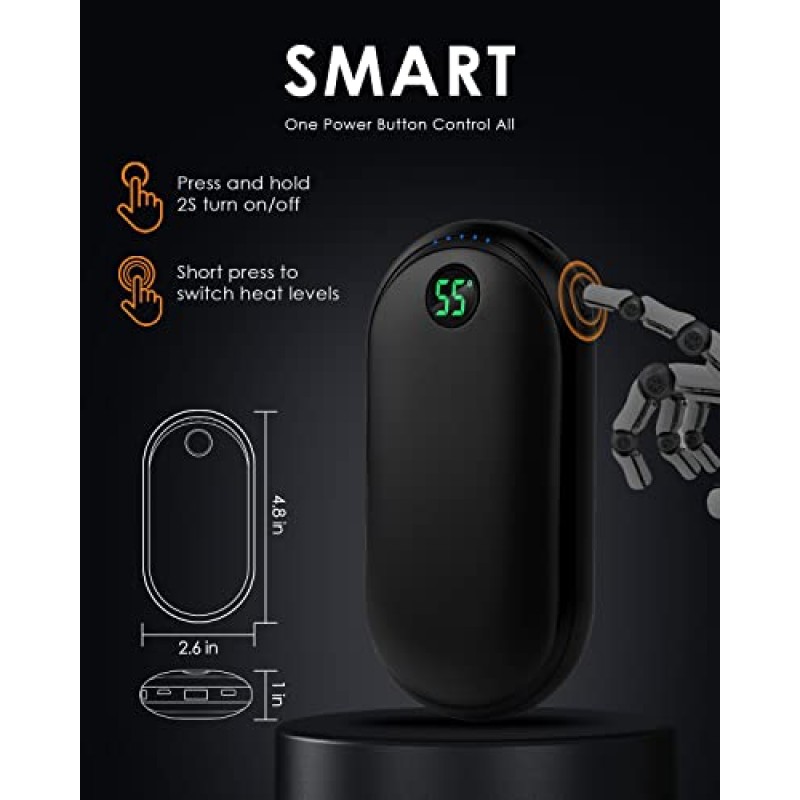 손난로, 충전식 10000mAh 전기 재사용 가능 손난로, 휴대용 포켓 2-in-1 손난로/15시간 지속 가열 기능, 3가지 열 수준 및 LED 디지털 디스플레이