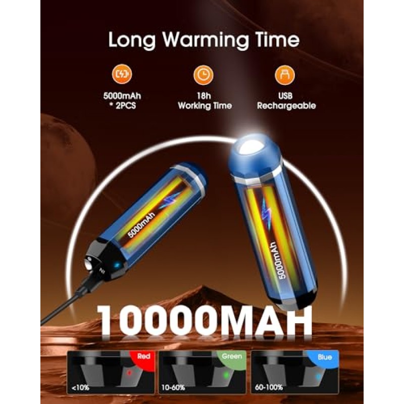 자기 손난로, 2팩 5000mAh 충전식 배터리로 작동되는 손난로, 3단계 열, 야외 손전등이 있는 전기 휴대용 포켓 히터, 캠핑, 하이킹, 사냥, 골프, 축구용