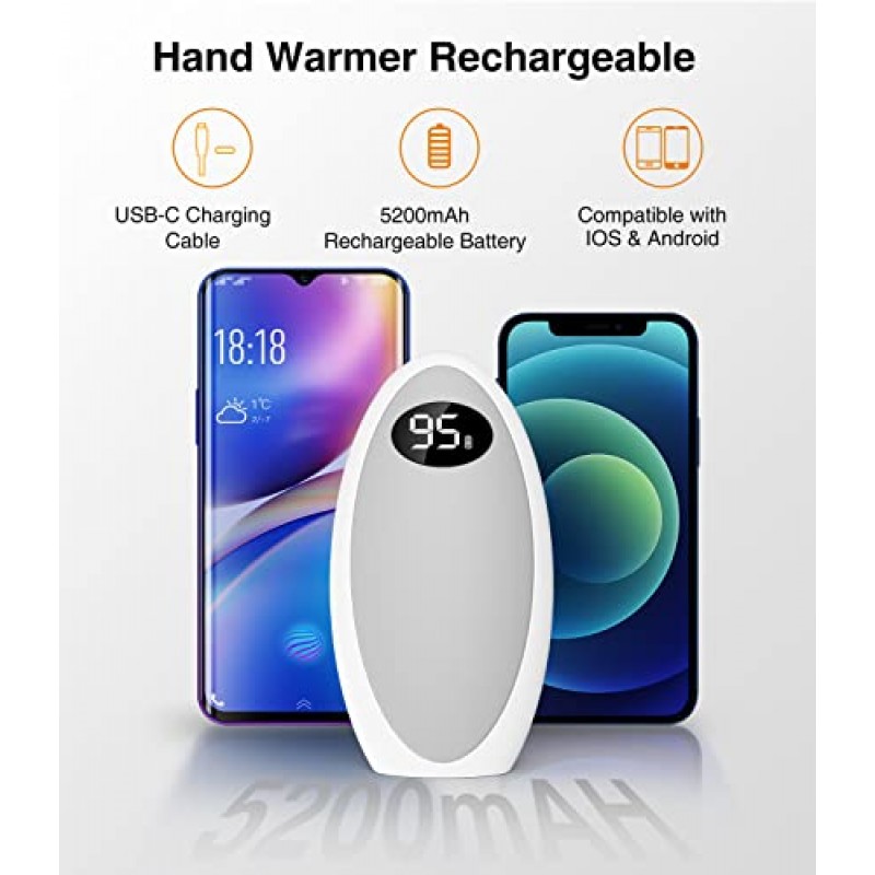 손난로 충전식, 1팩 재사용 가능 5200mAh 손난로 휴대용 전기 포켓 워머, USB 배터리 전원 은행 핸드 히터 골프, 사냥, 캠핑에 적합 여성 남성을 위한 따뜻한 선물