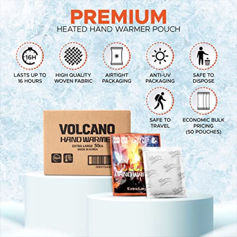 Volcano 일회용 손난로 - 경제적인 대형 대용량 팩 50개 - 공기 작동식, 캠핑, 하이킹, 낚시, 사냥, 뒤따라 가기 및 모든 추운 날씨 조건에서 16시간 동안 사용 가능