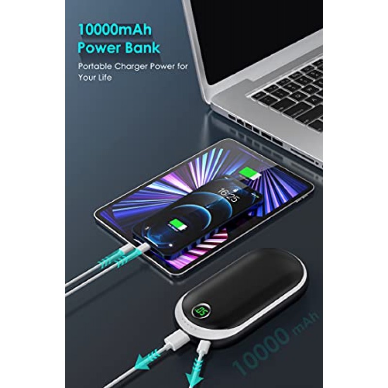 손난로 충전식, 양면 가열 기능이 있는 보조베터리 10000mAh 배터리, 휴대용 포켓 히터 오래 지속되는 열 야외 사냥 스키 캠핑, 따뜻한 선물 - 블랙