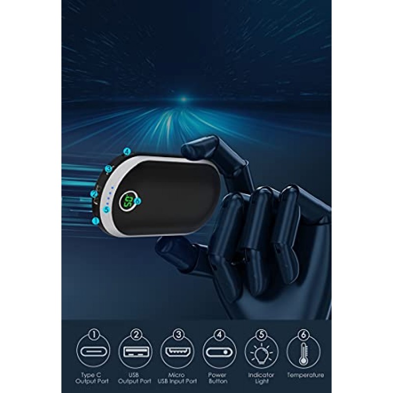손난로 충전식, 양면 가열 기능이 있는 보조베터리 10000mAh 배터리, 휴대용 포켓 히터 오래 지속되는 열 야외 사냥 스키 캠핑, 따뜻한 선물 - 블랙