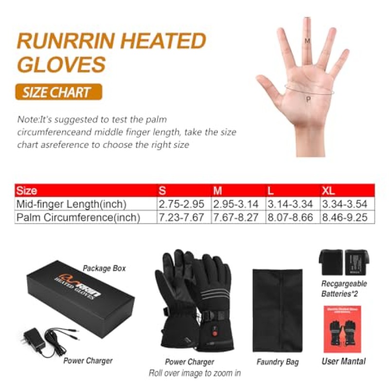 남성 여성을위한 RunRRIn 가열 장갑 - 7.4V 3200mAh 충전식 전기 배터리 구동 손 따뜻하게, 겨울 난방 열 방수 스노우 스키 장갑 사냥 스키 캠핑