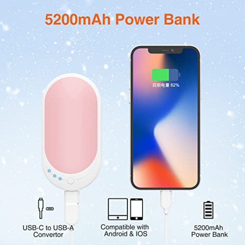 손난로 충전식, 1팩 손난로 재사용 가능 5200mAh 전기 휴대용 포켓 워머/전원 은행, 배터리로 작동되는 핸드 히터 야외 활동, 캠핑, 골프, 남성 여성을 위한 따뜻한 선물용