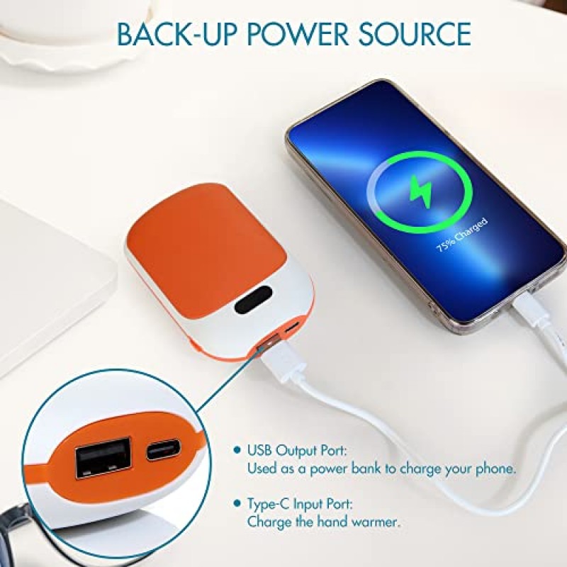 Winique 충전식 손난로, 10000mAh 재사용 가능한 전기 휴대용 포켓 히터/전원 은행, 12시간 지속되는 양면 열, Raynauds 야외 골프 캠핑 스키에 적합