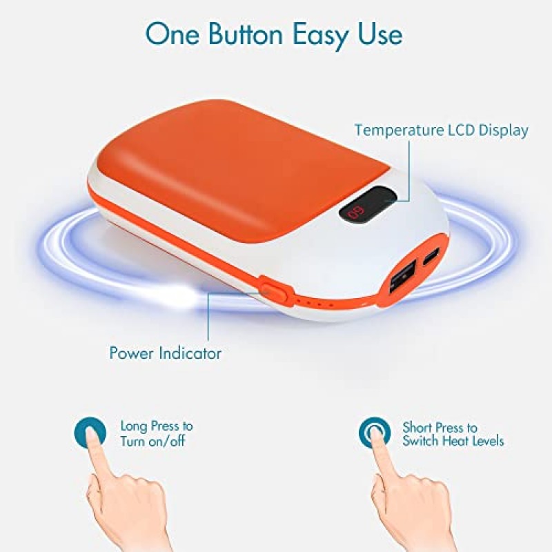 Winique 충전식 손난로, 10000mAh 재사용 가능한 전기 휴대용 포켓 히터/전원 은행, 12시간 지속되는 양면 열, Raynauds 야외 골프 캠핑 스키에 적합