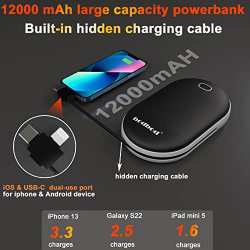 12000mAh 손난로 충전식 및 보조베터리 충전 케이블이 포함된 2in1 배터리 USB 전기 손난로 재사용 가능한 휴대용 핫 핸드 히터 포켓 워머 겨울 아웃워크용 손난로 캠핑 낚시 골프