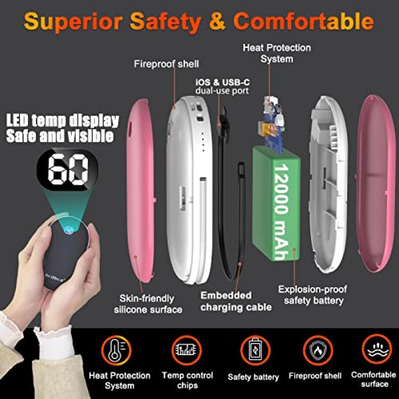 12000mAh 손난로 충전식 및 보조베터리 충전 케이블이 포함된 2in1 배터리 USB 전기 손난로 재사용 가능한 휴대용 핫 핸드 히터 포켓 워머 겨울 아웃워크용 손난로 캠핑 낚시 골프