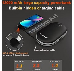 12000mAh 손난로 충전식 및 보조베터리 충전 케이블이 포함된 2in1 배터리 USB 전기 손난로 재사용 가능한 휴대용 핫 핸드 히터 포켓 워머 겨울 아웃워크용 손난로 캠핑 낚시 골프