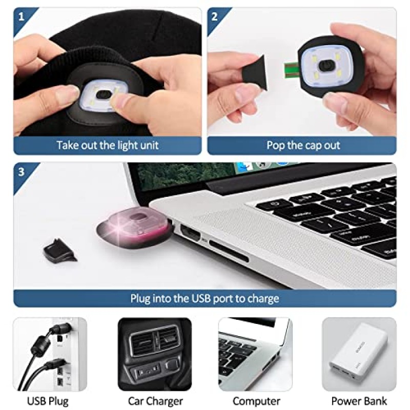Riuog LED 비니 모자, 조명, USB 충전식 헤드라이트 캡, 유니섹스 니트 조명 모자, 야외 활동용