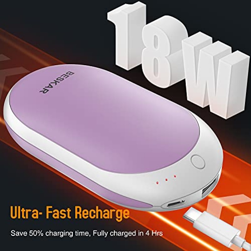 BESKAR 충전식 손난로, 7800mAh 전기 손난로, 최대 12시간 예열 시간, 양면 가열, USB 급속 충전, 야외, 골프, 레이노용 휴대용 포켓 손난로 - 겨울 선물