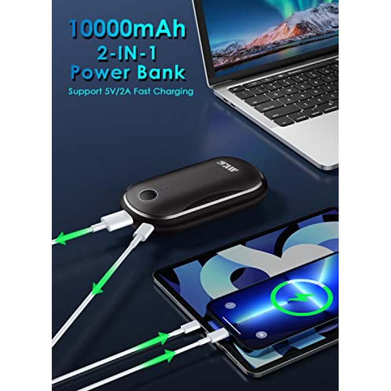 손난로 충전식, MKG 10000mAh 전기 손난로, 15시간 지속 및 3단계 빠른 가열, 디지털 디스플레이, 야외용 휴대용 포켓 핸드 히터 및 보조베터리, 겨울 선물