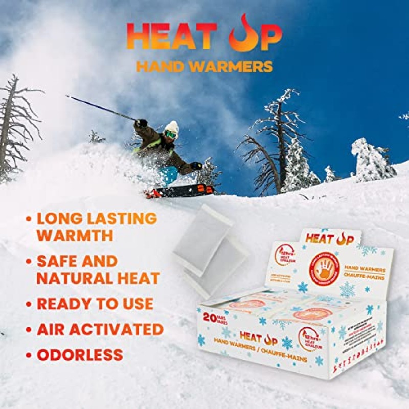 HEAT UP 손난로(20 및 40쌍 팩 이용 가능) - 최대 12시간까지 지속되는 프리미엄 품질의 가열식 손난로 - 안전하고 자연 공기에 의해 활성화되는 무취 난로