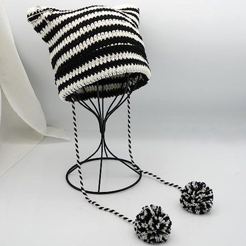 XYIYI 여성용 크로 셰 뜨개질 모자 Pompoms가있는 폭스 니트 모자 Grunge Goth 액세서리 여성용 Slouchy Beanies 소녀