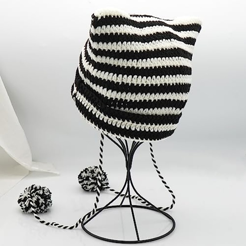 XYIYI 여성용 크로 셰 뜨개질 모자 Pompoms가있는 폭스 니트 모자 Grunge Goth 액세서리 여성용 Slouchy Beanies 소녀