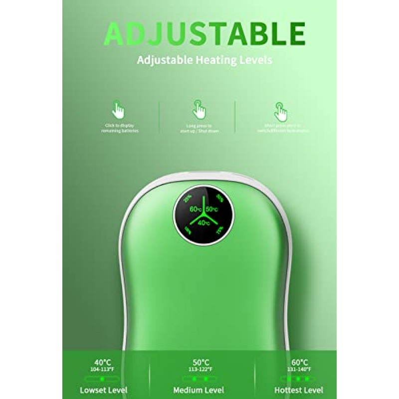 Jialexin 손난로 충전식, 2팩 5000mAh 전기 휴대용 포켓 워머/전원 은행, 디지털 디스플레이가 포함된 2-in-1 전기 손난로(녹색)