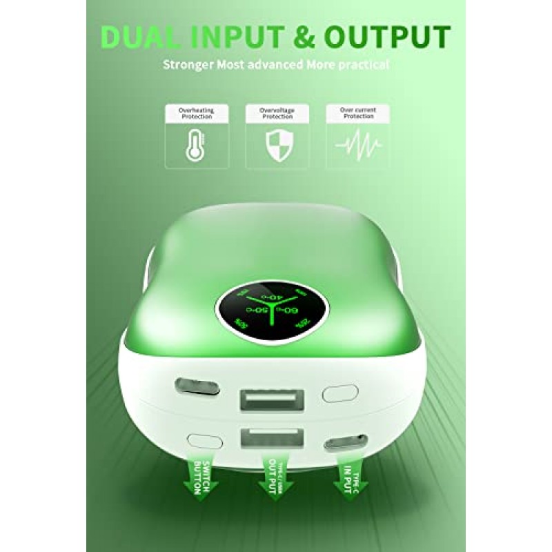 Jialexin 손난로 충전식, 2팩 5000mAh 전기 휴대용 포켓 워머/전원 은행, 디지털 디스플레이가 포함된 2-in-1 전기 손난로(녹색)