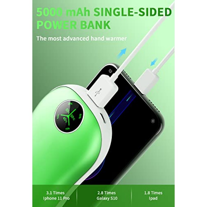 Jialexin 손난로 충전식, 2팩 5000mAh 전기 휴대용 포켓 워머/전원 은행, 디지털 디스플레이가 포함된 2-in-1 전기 손난로(녹색)
